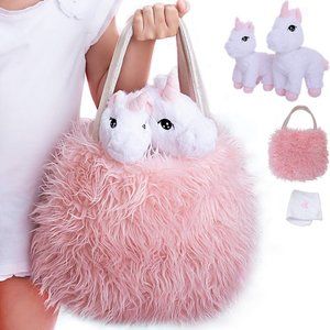 10. 4 PCS Set Pink Unicorn Mommy and Baby Stuffed Animals Bag and Doll Blanket.